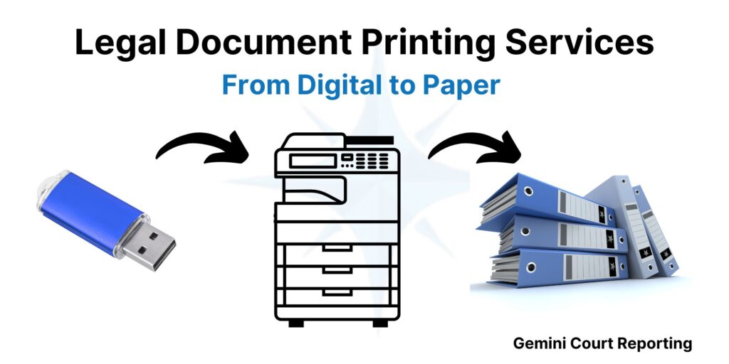 Legal Document Printing Services illustration with a USB drive, photocopier, and stack of binders, titled 'From Digital to Paper,' by Gemini Court Reporting.